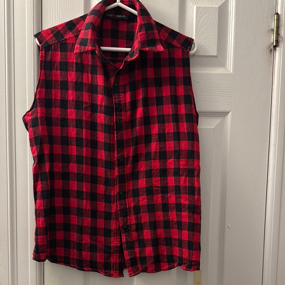 Red and Black Plaid Sleeveless Shirt